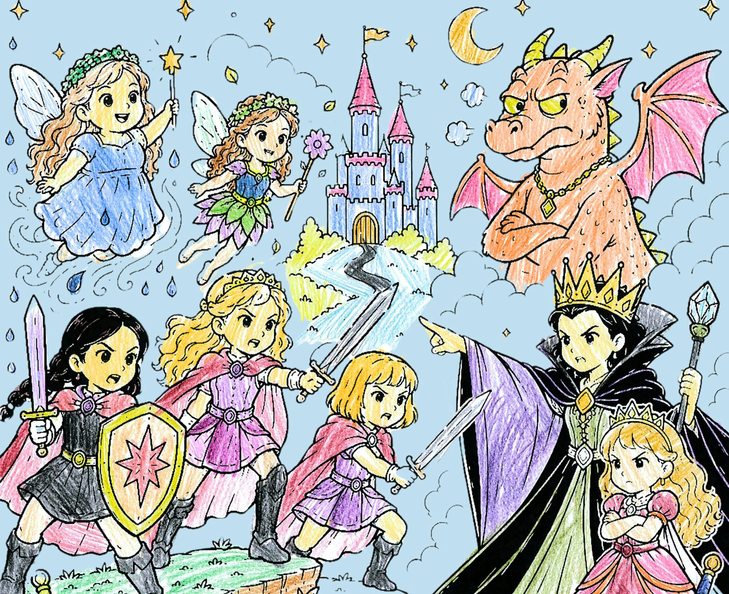 A colouring-in of fairies, princesses, a dragon and others