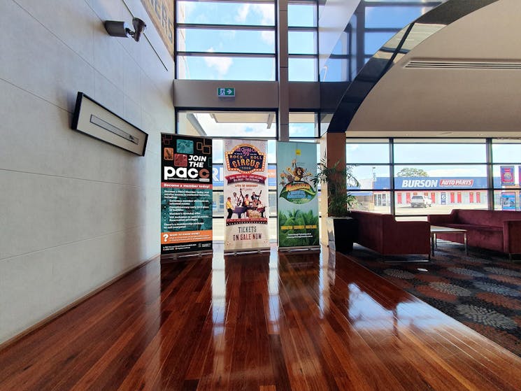 Image of Performance Arts Culture Cessnock foyer showing banners and seating