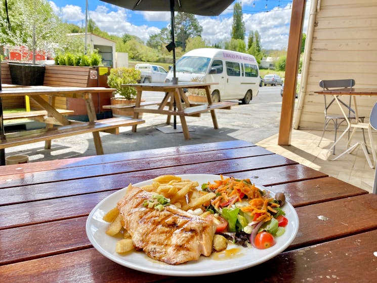 Grilled Barramundi & chips meal at Laggan Pub