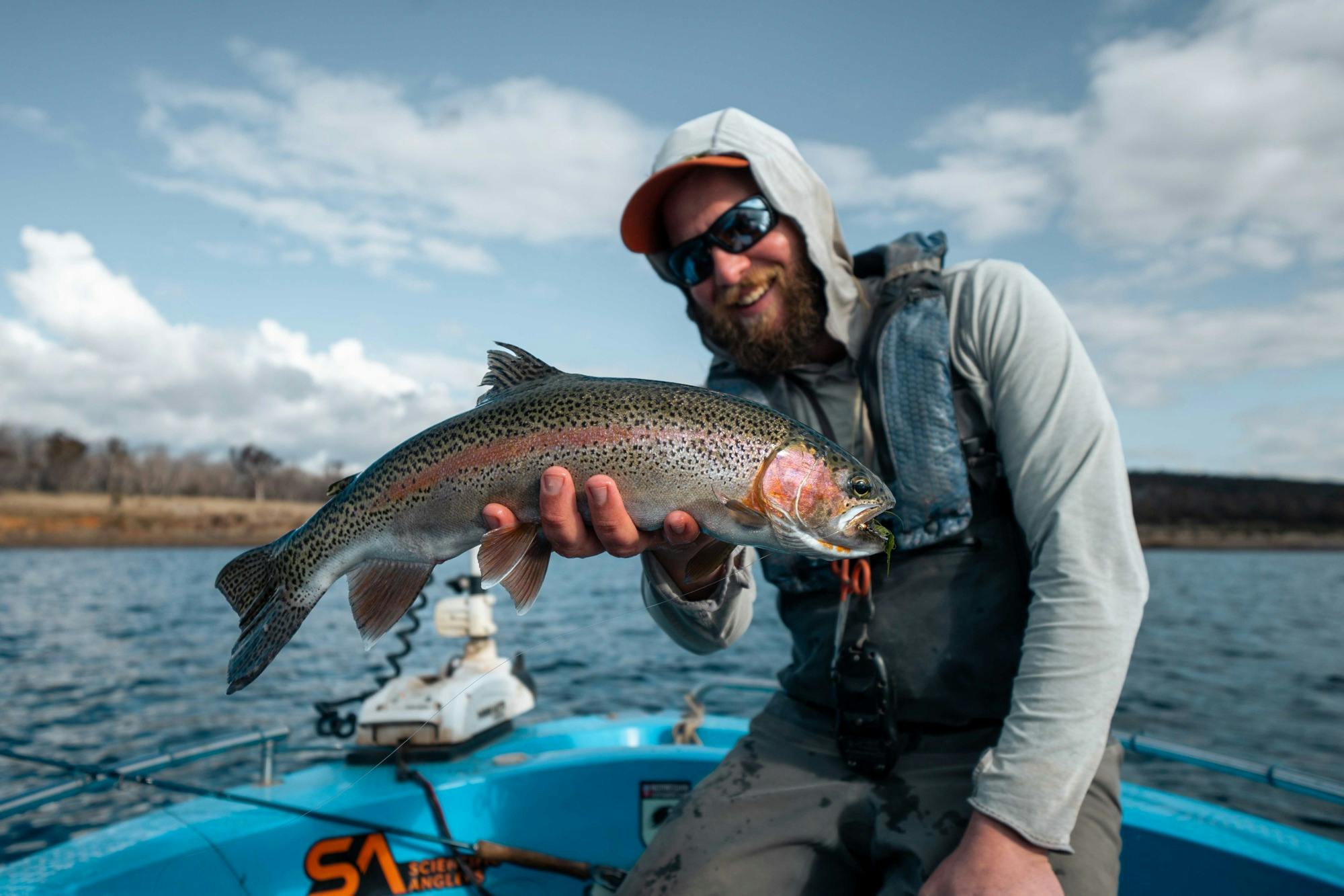 Fly fishing for trout on Lake Eucumbene in the Snowy Mountains High Country