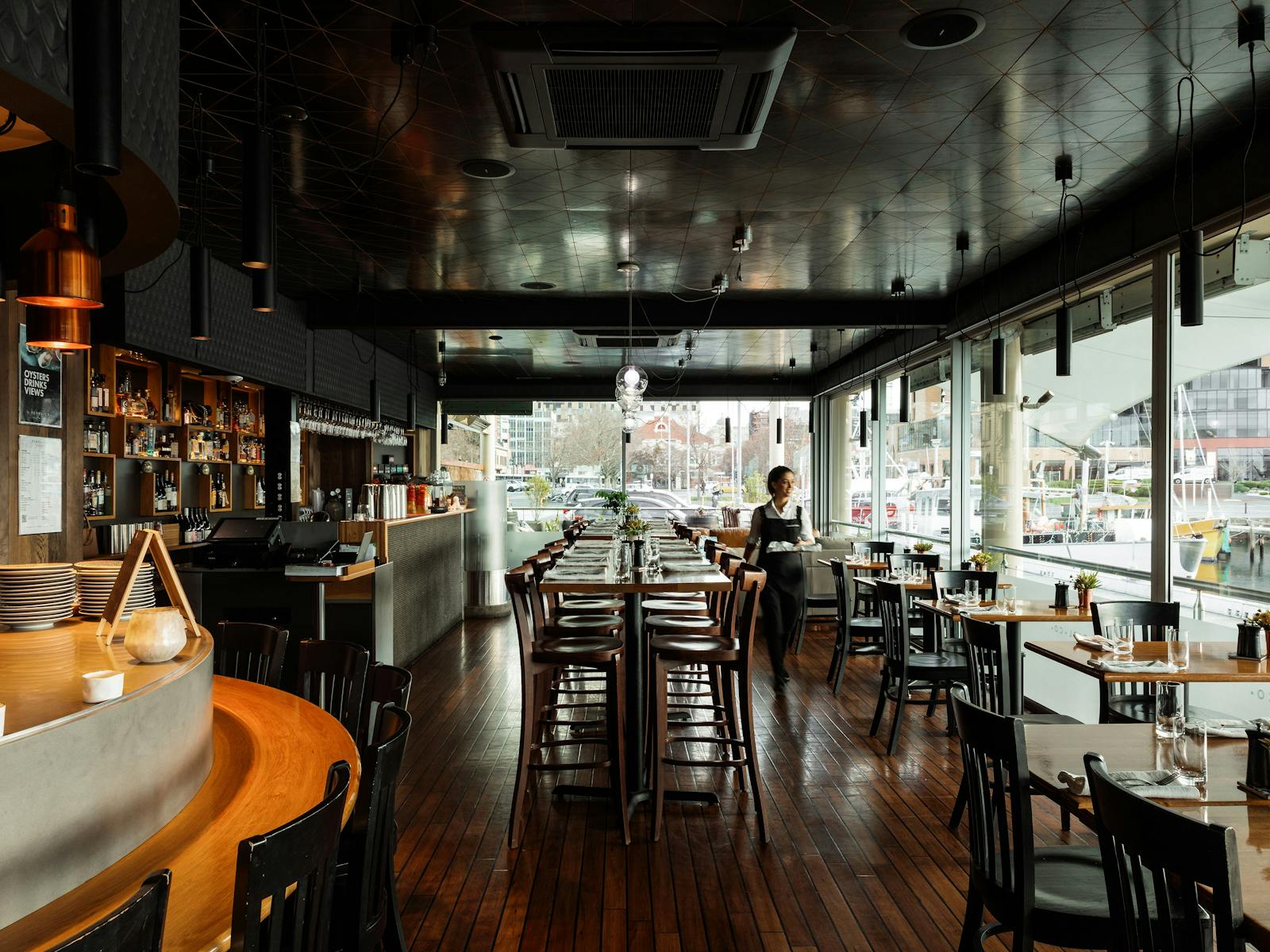 The interior of Pearl + Co seafood restaurant on the Hobart waterfront