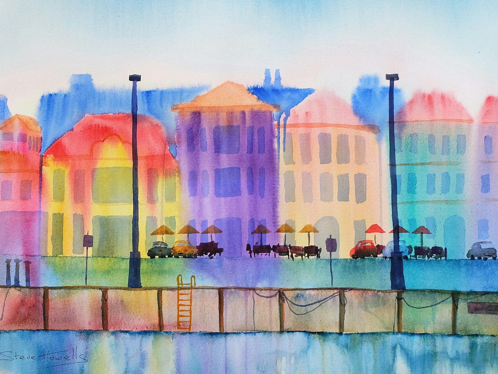 A very vivid watercolour painting of Victoria Dock in Hobart, featuring the Hunter Street frontage.