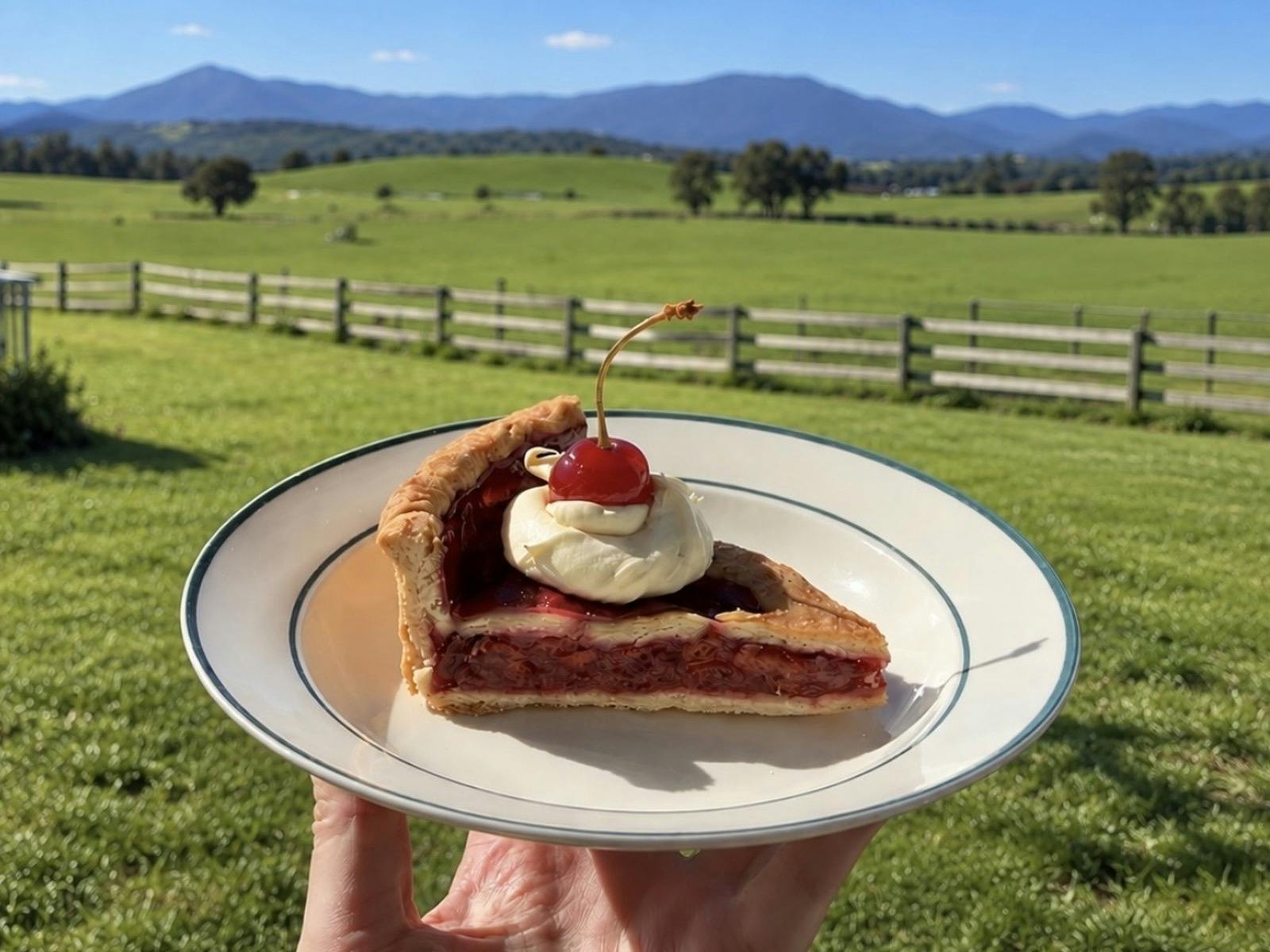 A slice of cherry pie topped with cream and a cherry, held up against green paddocks and mountains.