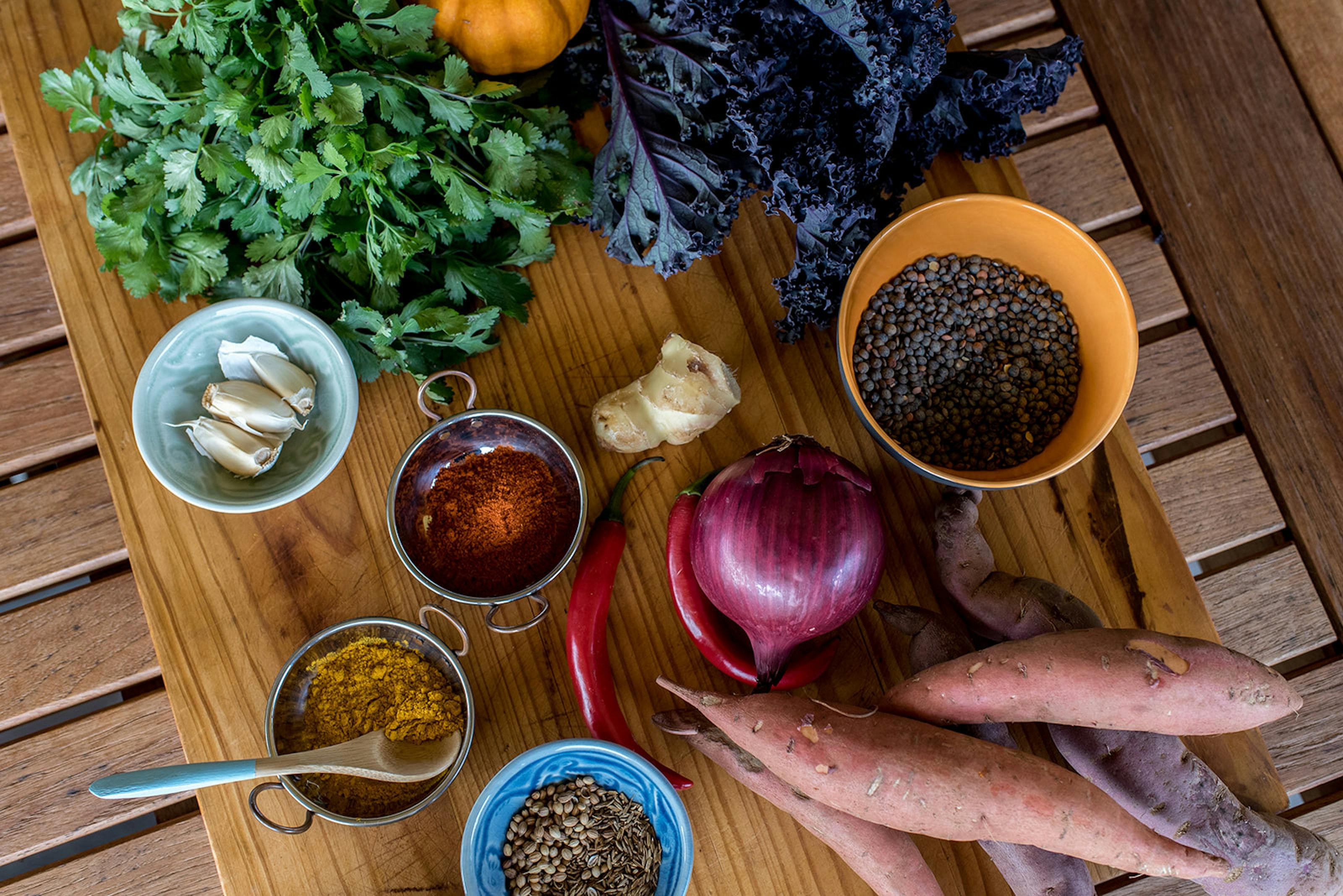 Colourful veggies, lentils and spices - ready to make dhal