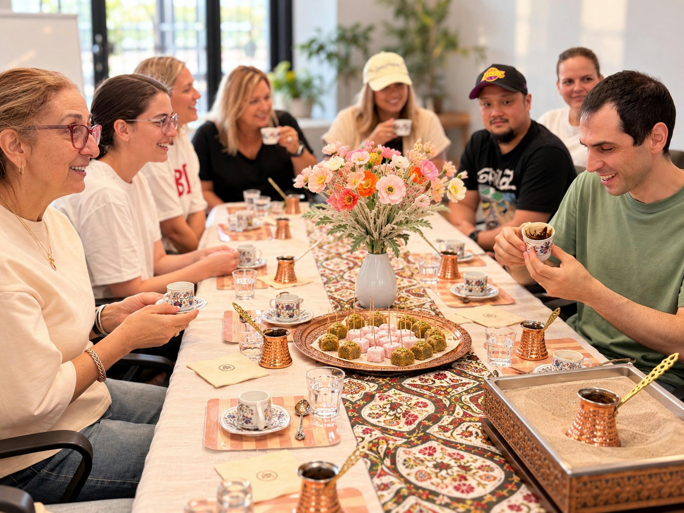Guests enjoying Turkish coffee, Turkish delight and baklava at a long workshop table