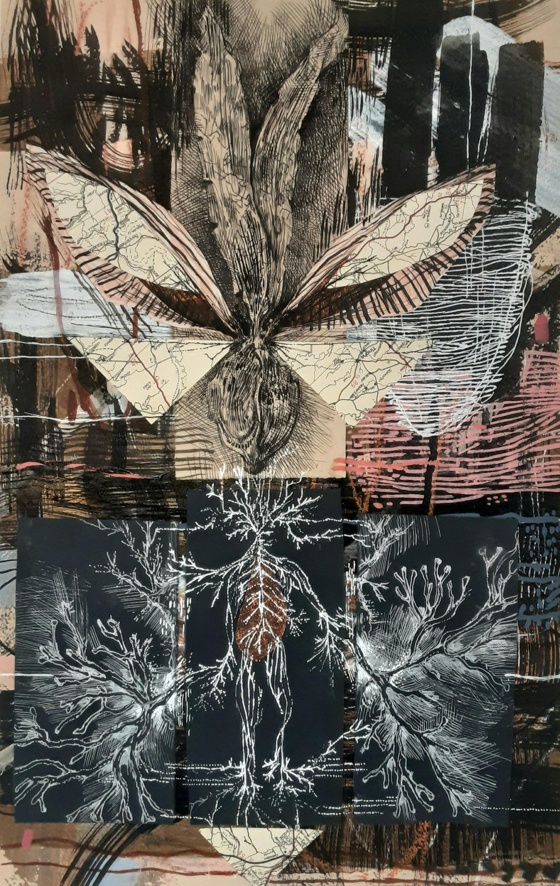 Sprouting seed in pen, collage and ink, with abstract line-work in pink, brown and white tones