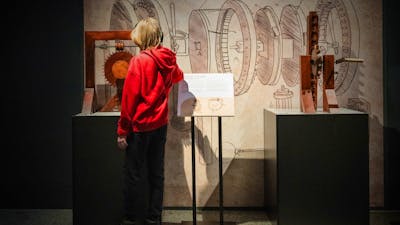 Visitor explores Leonardo da Vinci–inspired machines and sketches in an immersive exhibition.