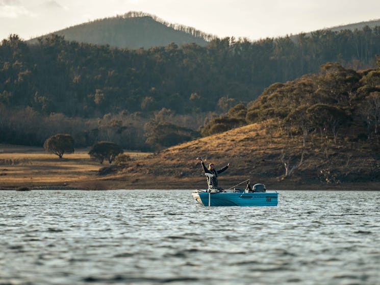 Fly fishing for trout on Lake Eucumbene in Kosciuszko National Park