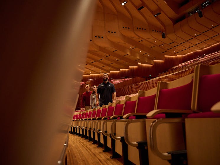 Tour guide leading a man and a woman through through the stalls in the Concert Hall