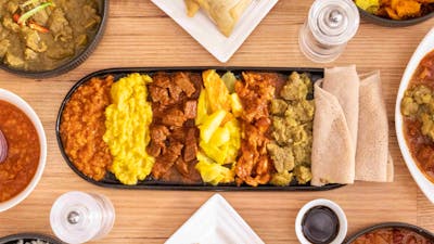 Range of Ethiopian dishes photographed from above