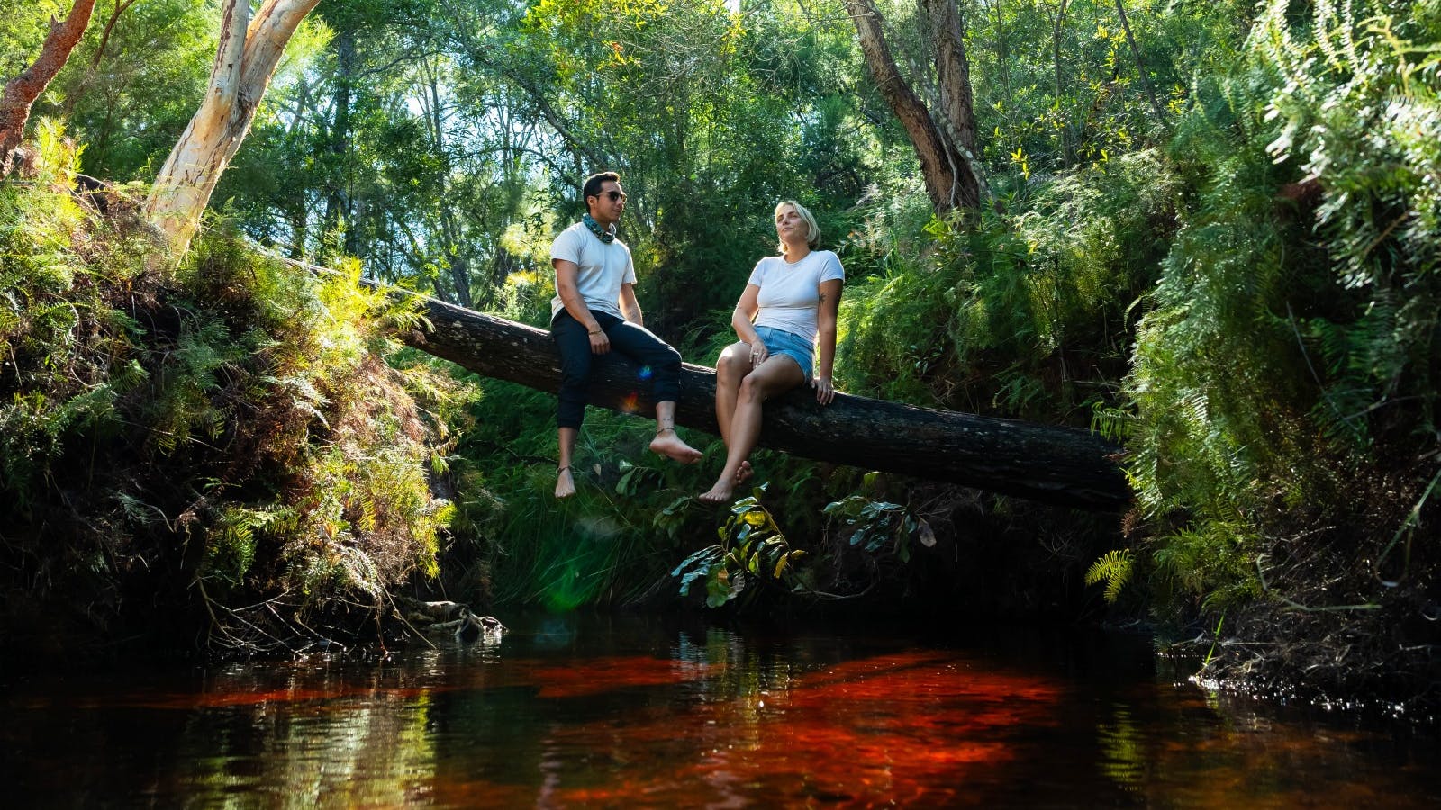 Two people sitting on a long tree branch with the red coloured water underneath with greenery around Two people sitting on a long tree branch with the red coloured water underneath with greenery around