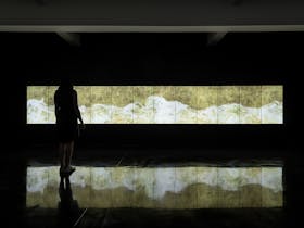 Images of gold waves on multiple screens in a gallery space with a figure