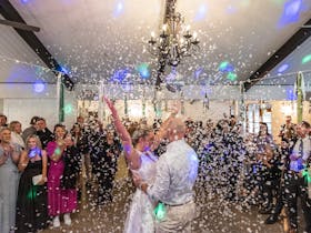 Bride & Groom inside on the dance fall, celebrating their first dance, after a confetti cannon just