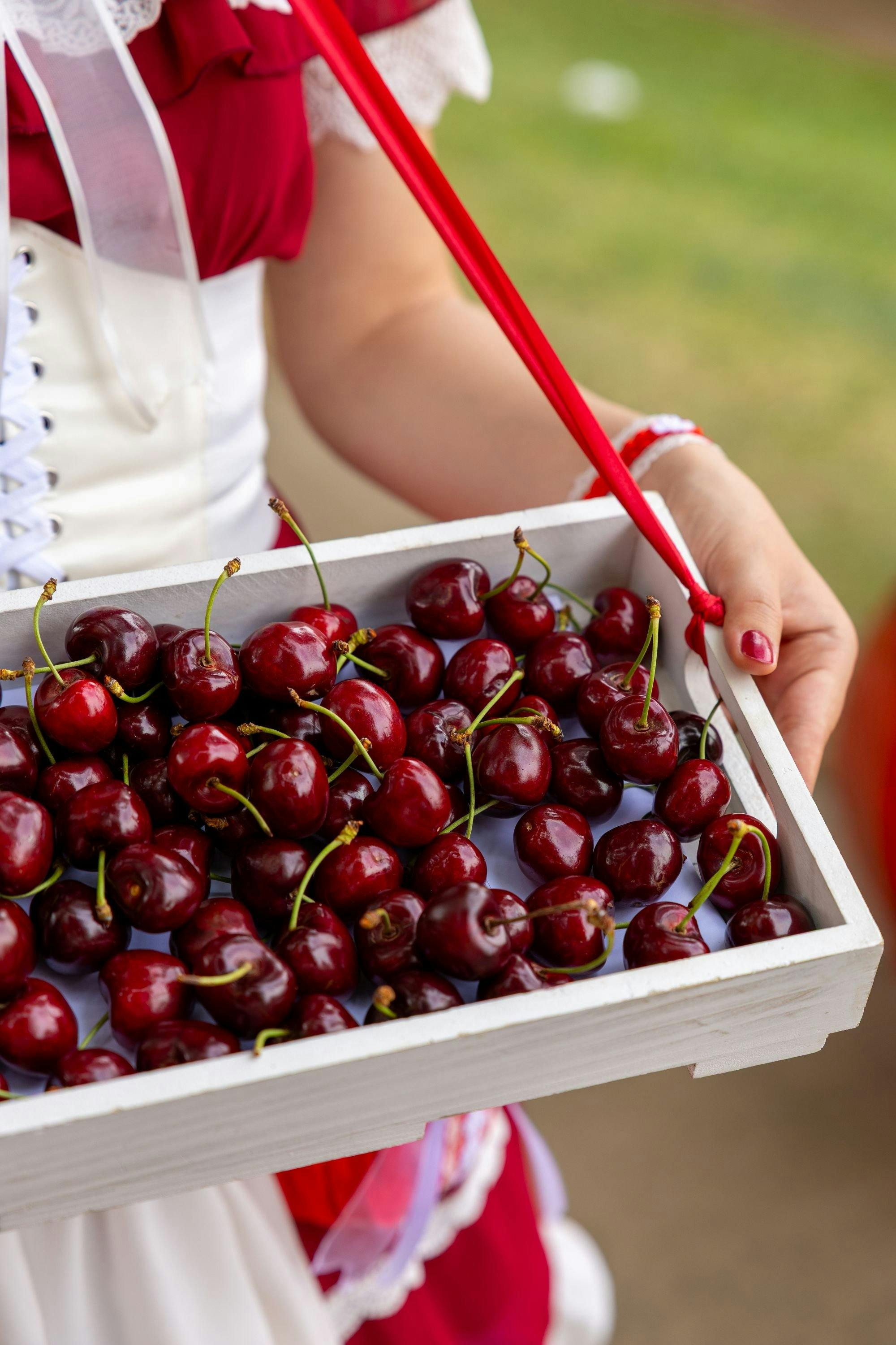 A box of big dark red cherries.