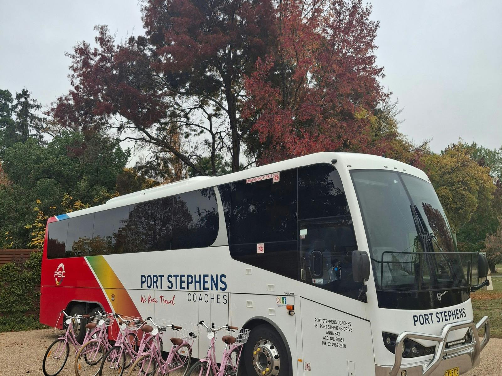 Port Stephens Coaches Luxury coach with pink bicycles