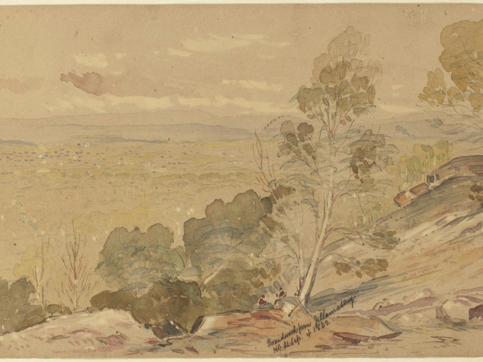 An 1862 old watercolour painting of Braidwood as it appeared then, captured in loose brushwork