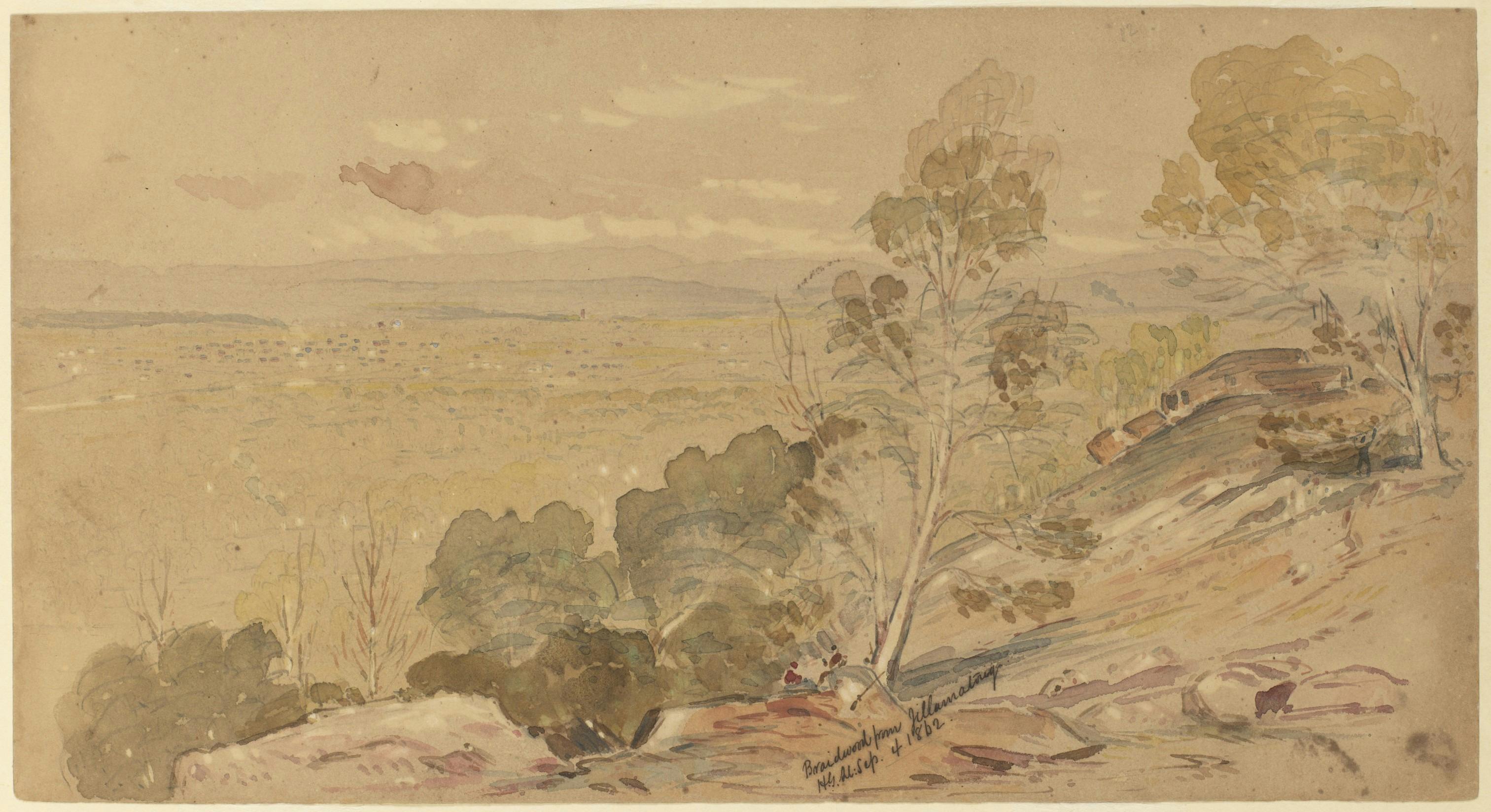 An 1862 old watercolour painting of Braidwood as it appeared then, captured in loose brushwork