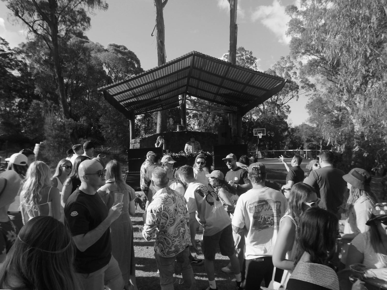 A group of people dancing in a vineyard in front of a DJ tent