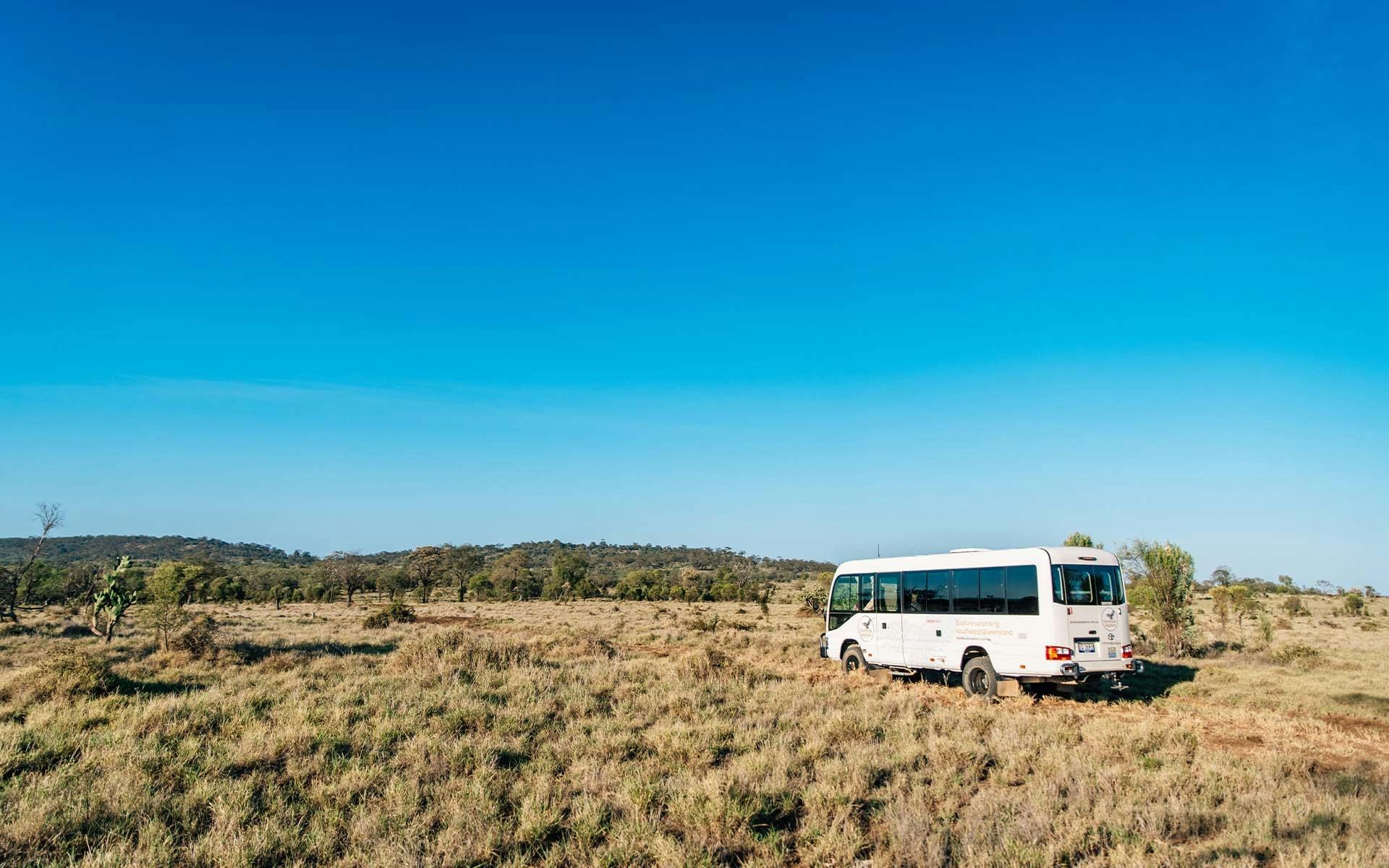 A bus driving through a field
