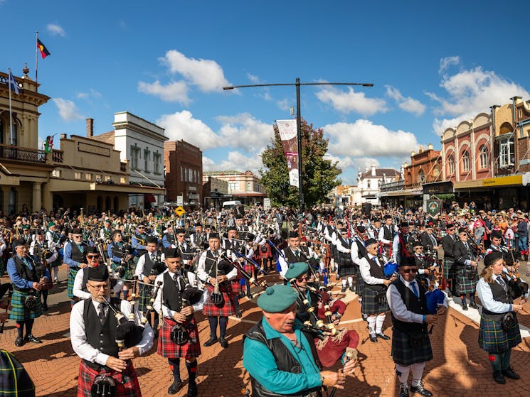 Massed pipe bands at festival's street parade
