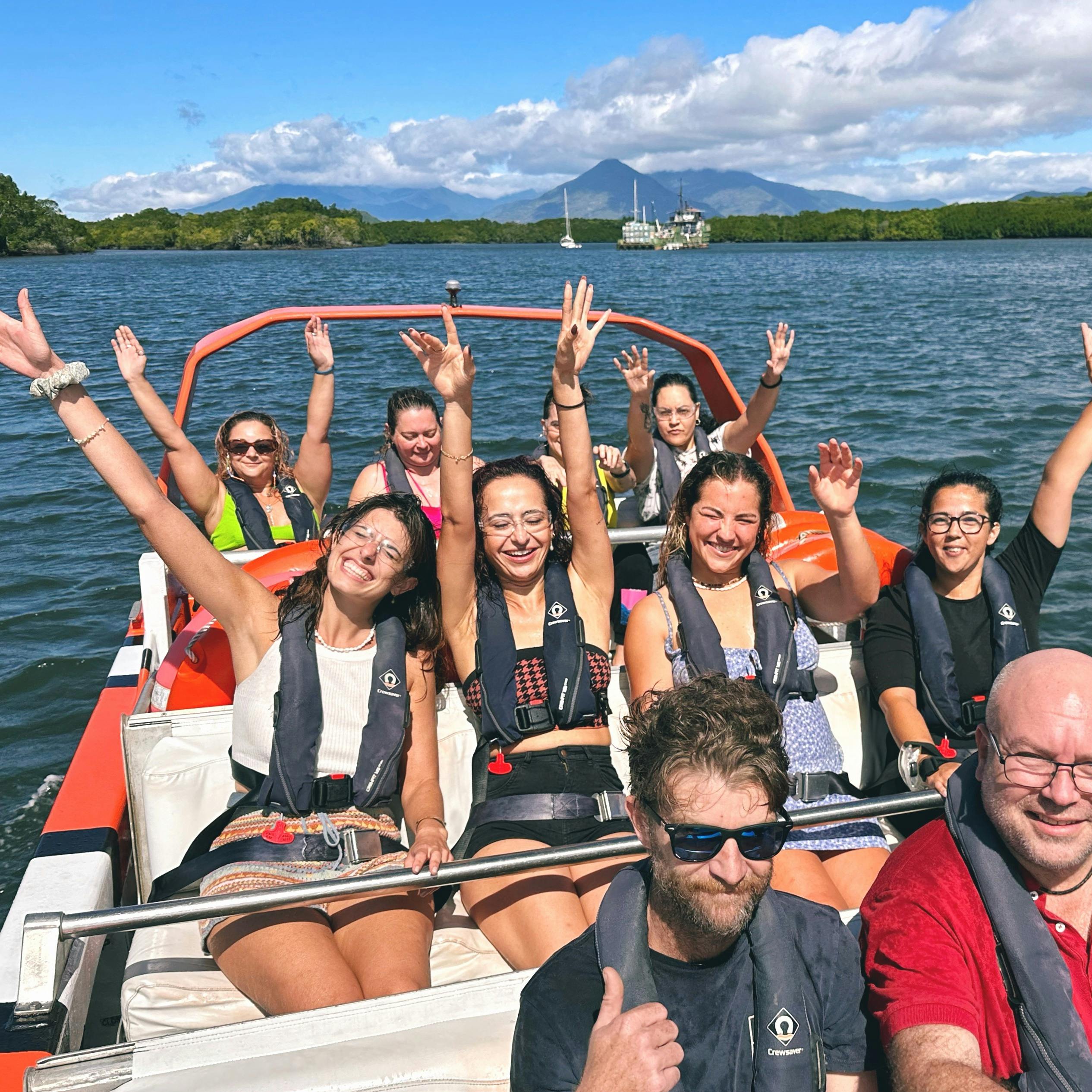 Cairns Jet Boat Guests Having Fun on Bad Fishy on the Trinity Inlet in Tropical North Queensland