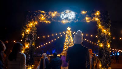 Woman standing in front of the festival's entry with Christmas lights and tree