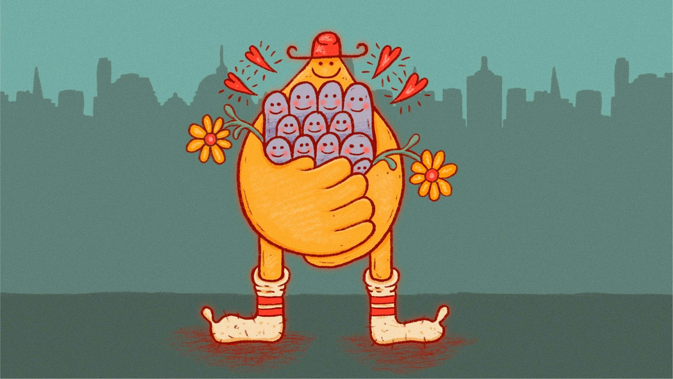 A cartoon character with large hands that has collected a bunch of lonely people and holds them