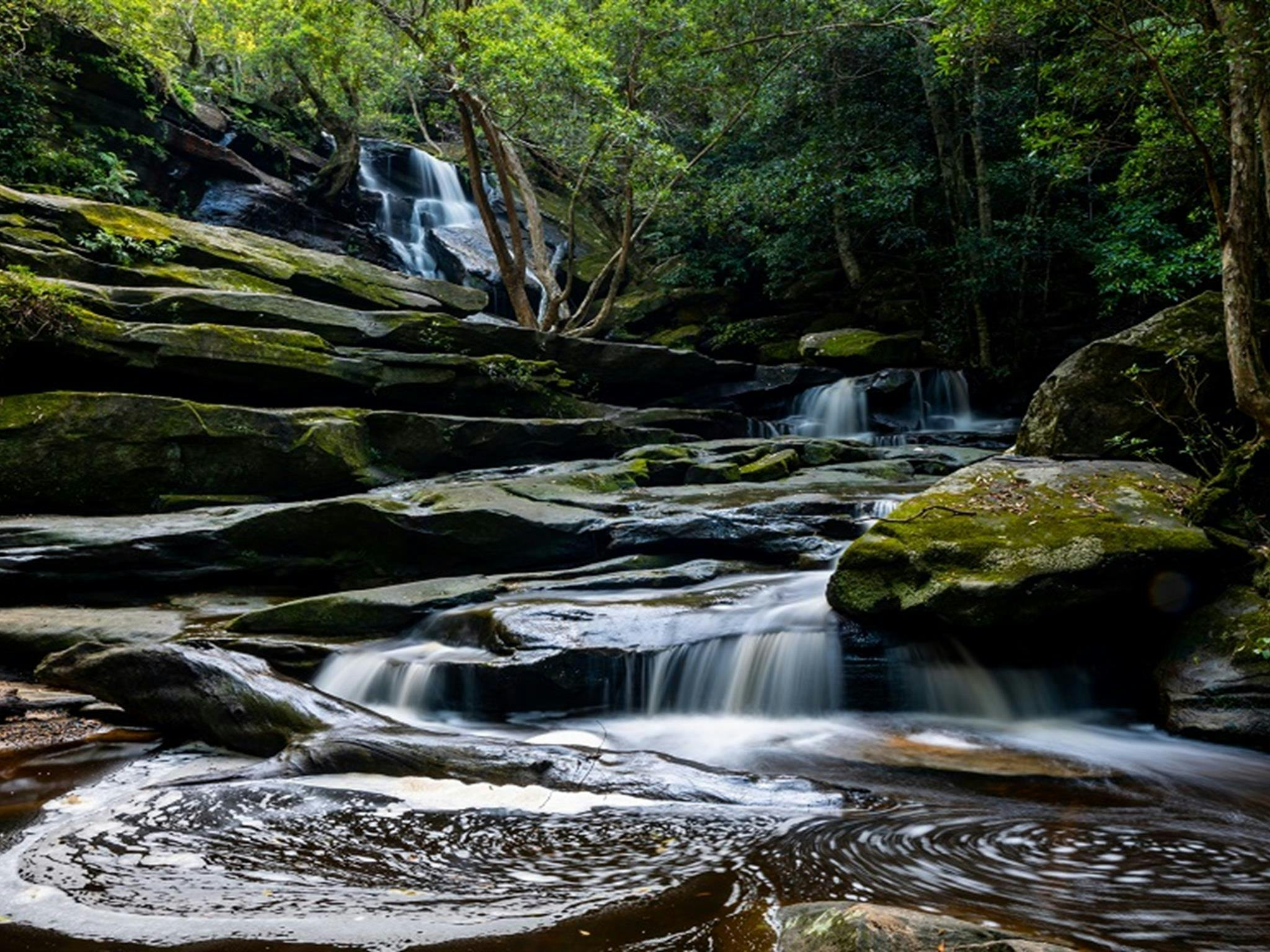 Felsenbecken, die mit Wasser aus den Kaskaden gespeist werden, Somersby Falls, Brisbane Water National Park.