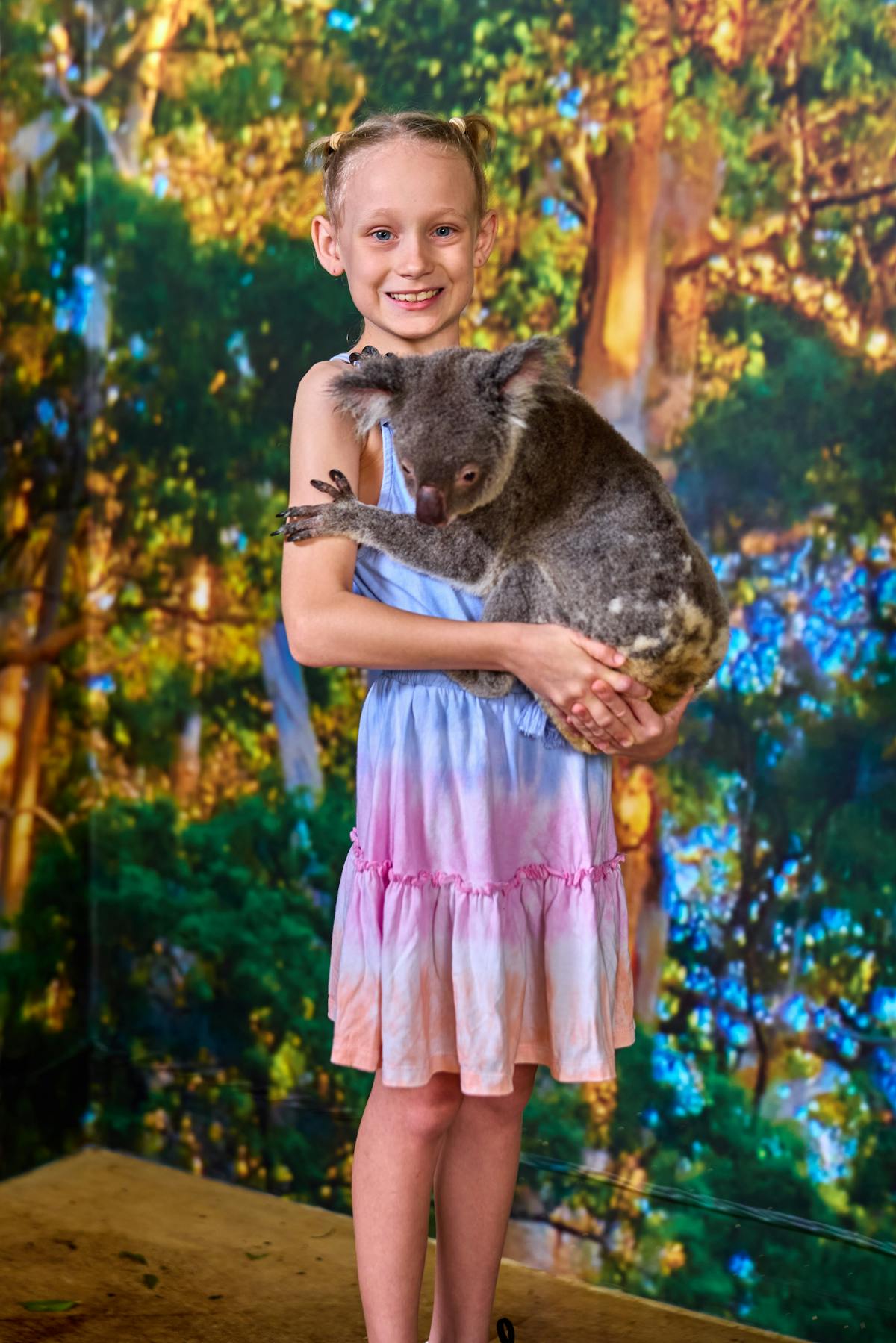 A girl in pink and blue dress holding a koala, with a big smile. at Cairns Koalas and Creatures