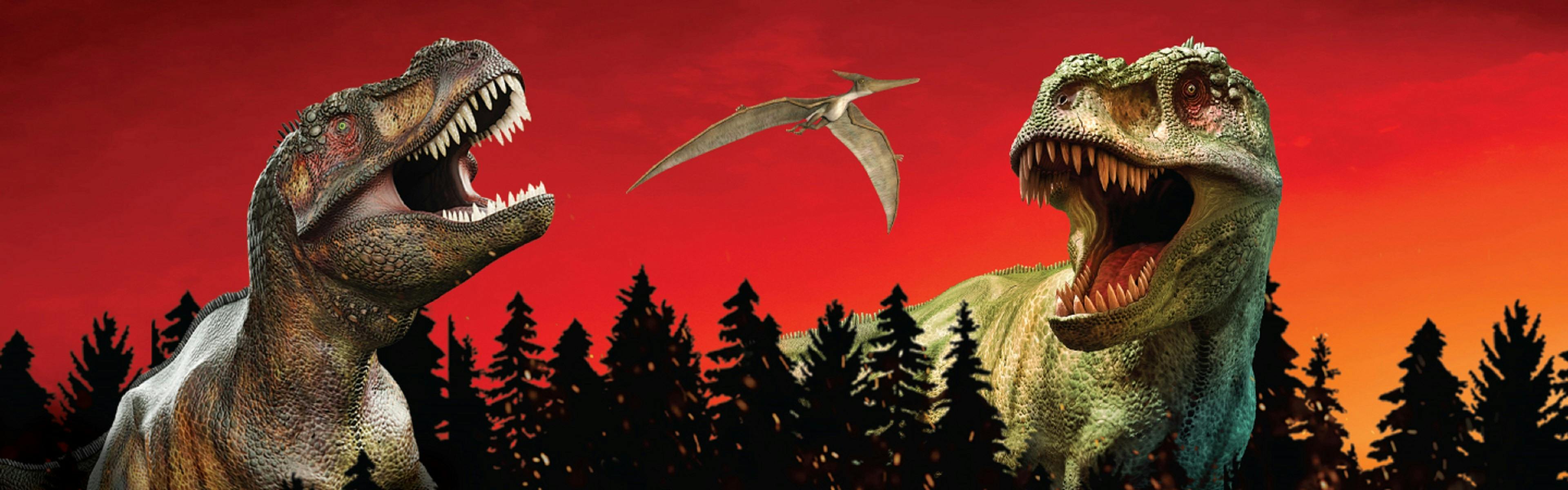 Three dinosaurs with a red sky background