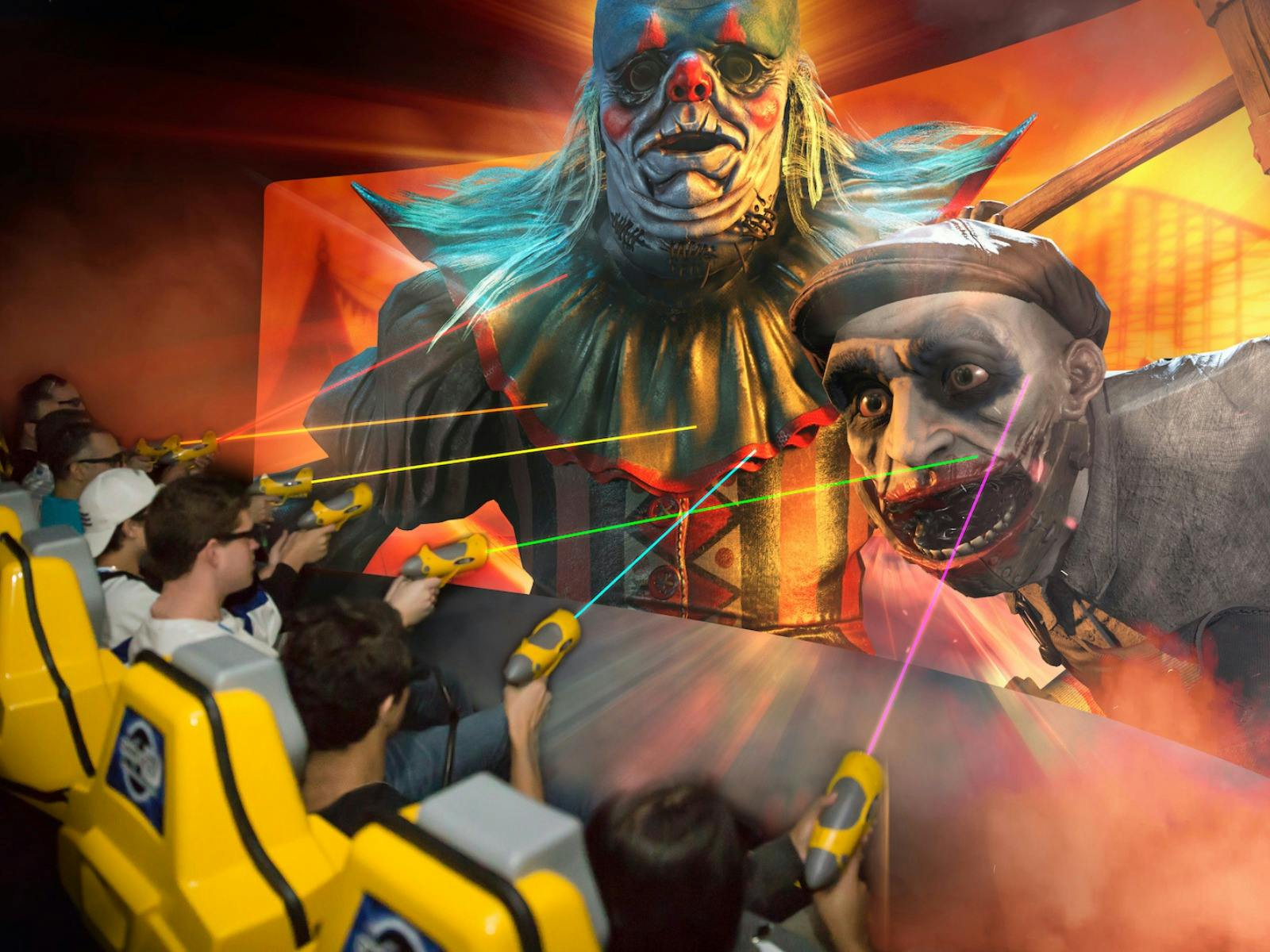 Guests Pointing Targeting Devices at Killer Clowns