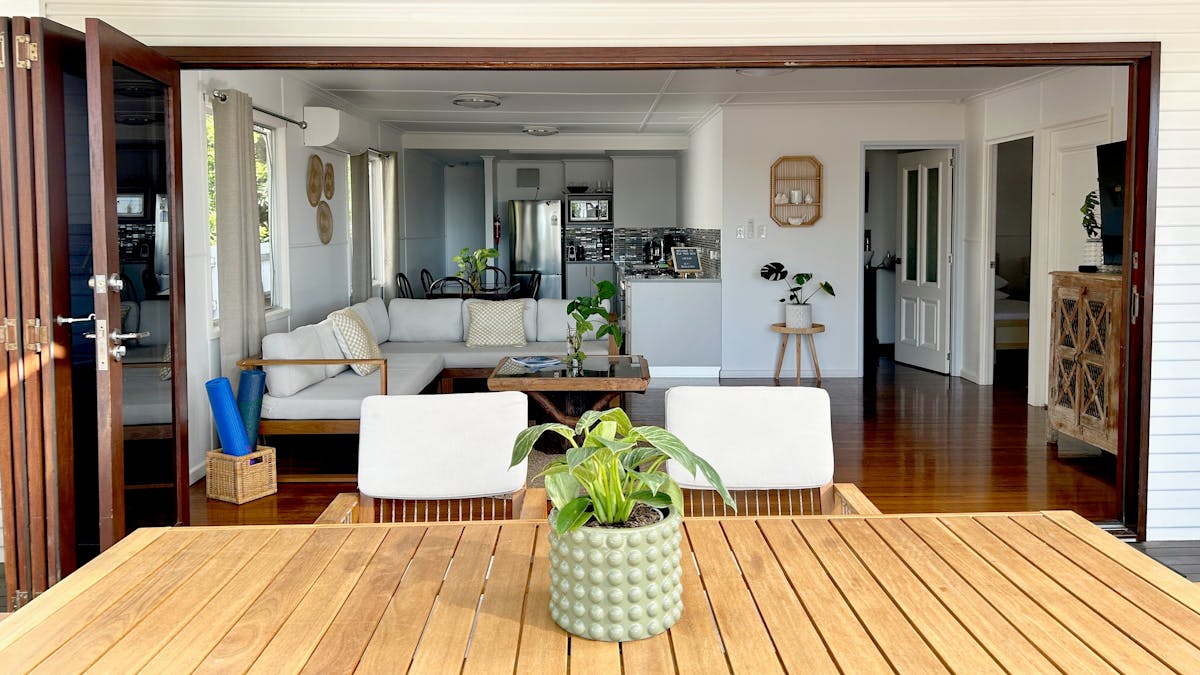 Outside looking in. Bathroom and two bedrooms to the right. Lounge room and kitchen to the back.