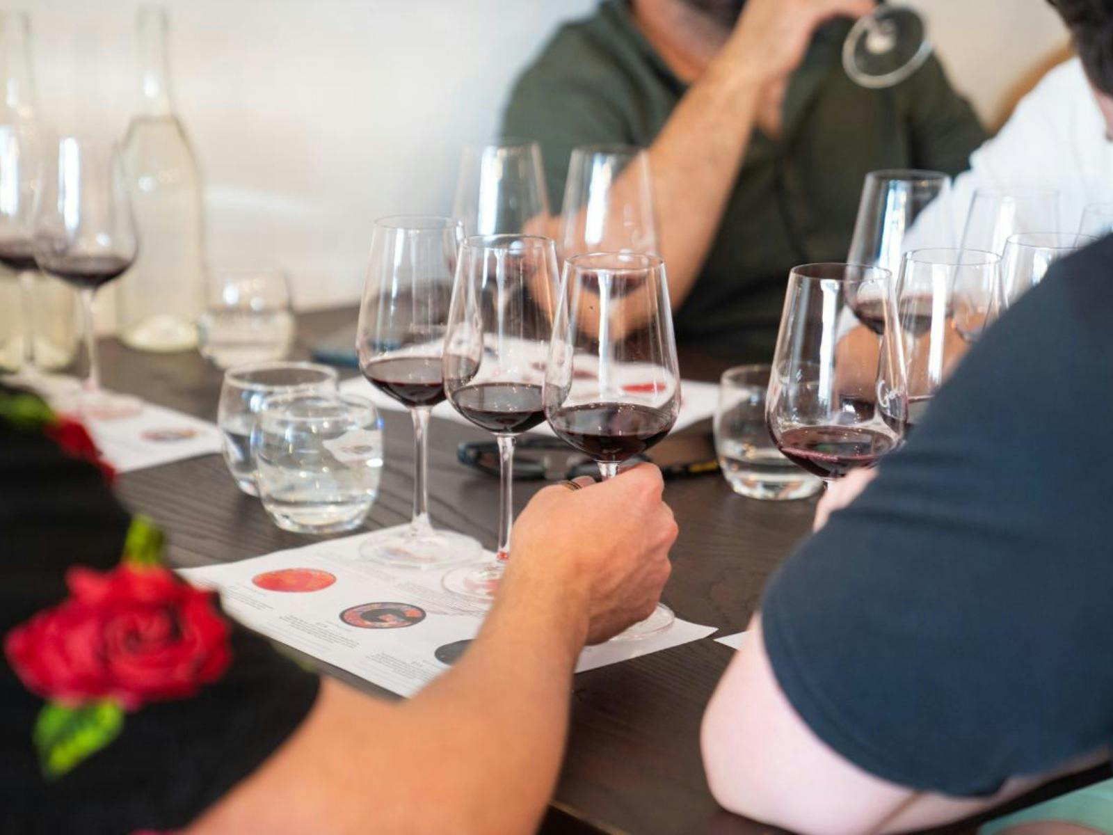 Group of people enjoying a wine flight