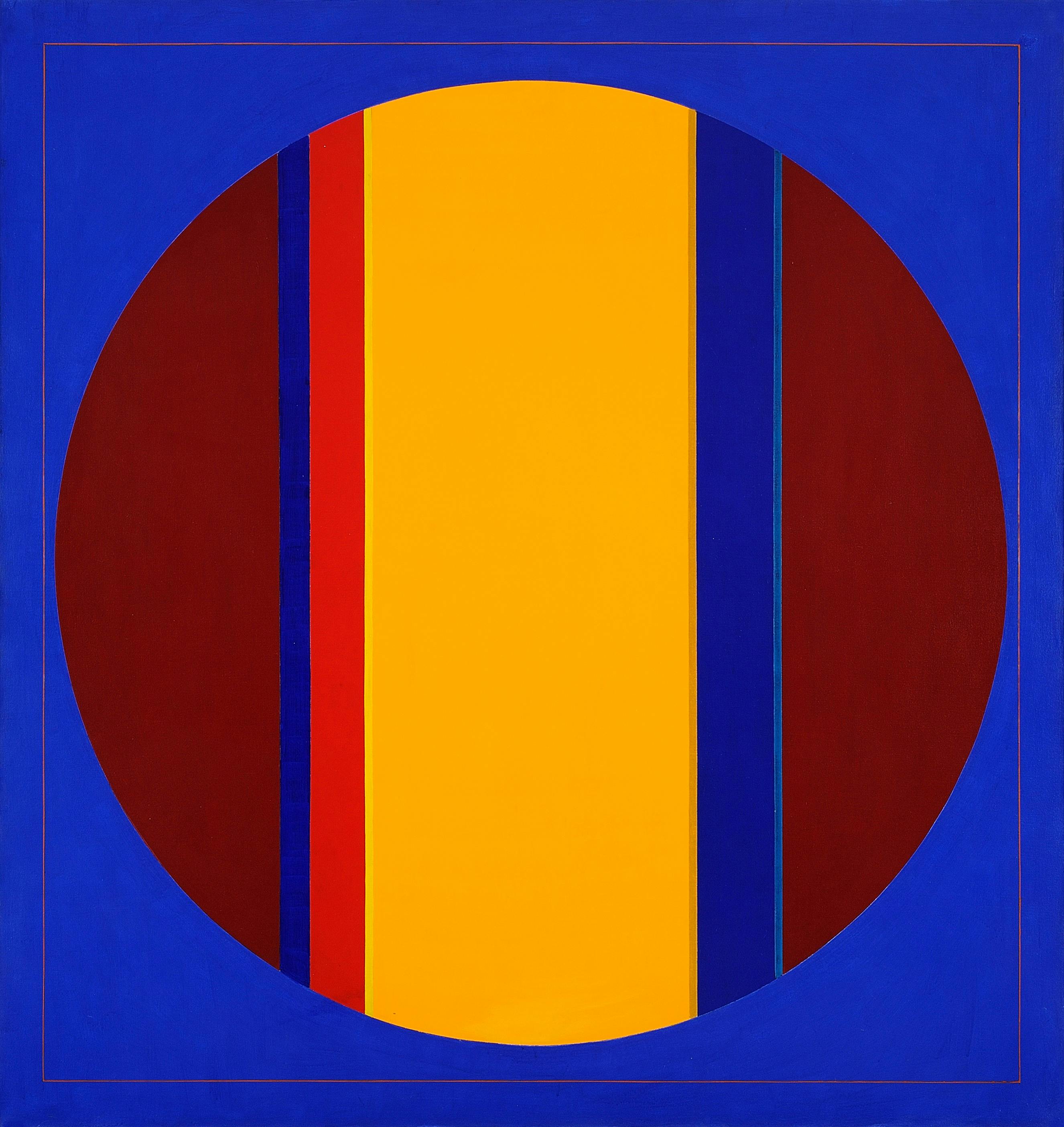 Flat colour plane stripes create a circle acainst a vivid blue ground