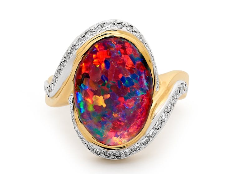 Opal Minded Bespoke Australian Black Opal And Diamond Ring Set in 18K Yellow Gold