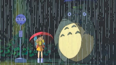 Animation of a young girl standing next to a large creature, both holding umbrellas for the rain