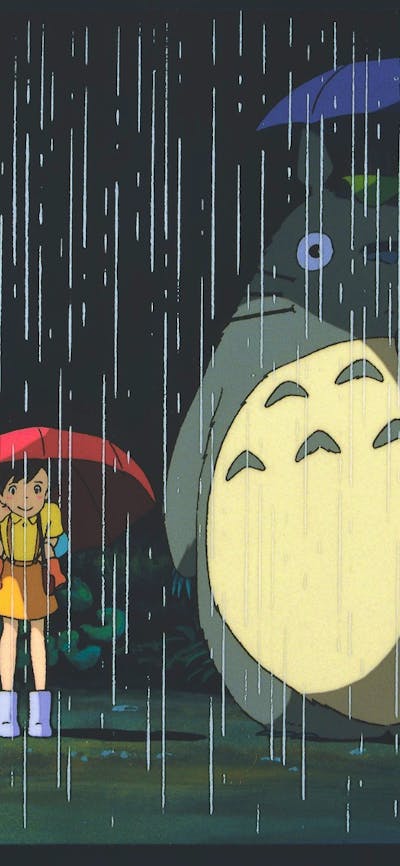Animation of a young girl standing next to a large creature, both holding umbrellas for the rain