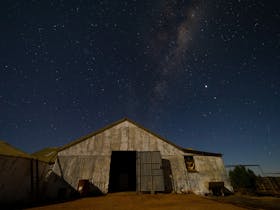 Shearing shed under starry night