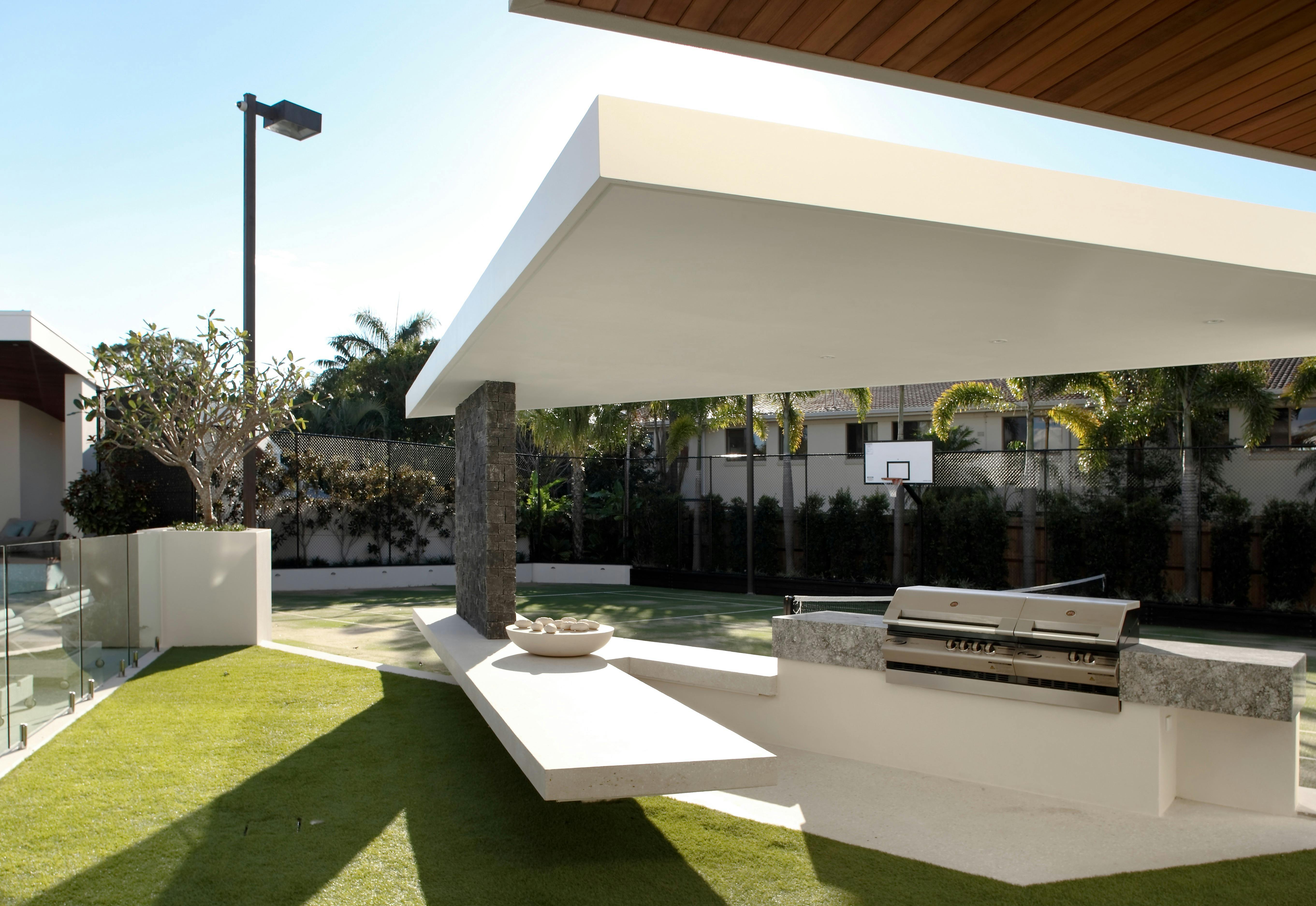 Outdoor BBQ, Full size tennis court with a basketball hoop