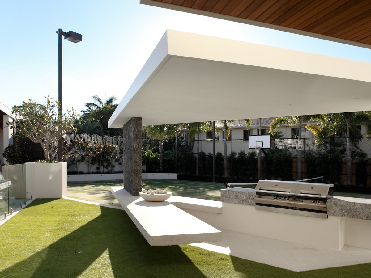 Outdoor BBQ, Full size tennis court with a basketball hoop