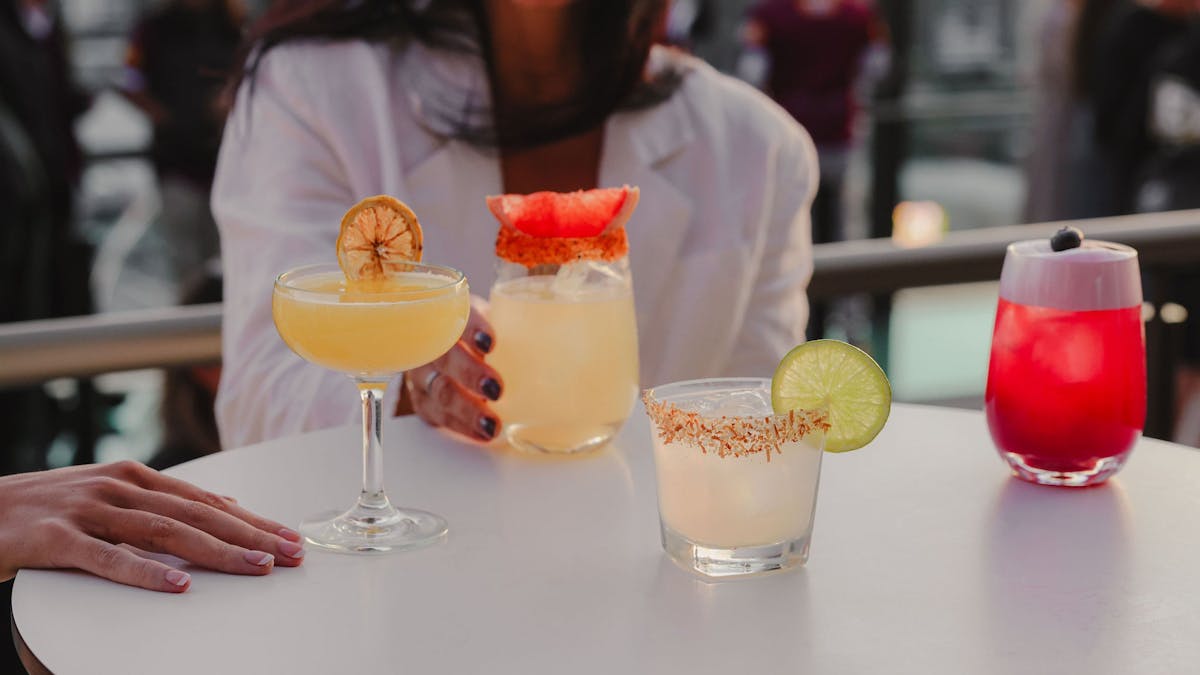 Cocktails arrayed on a table