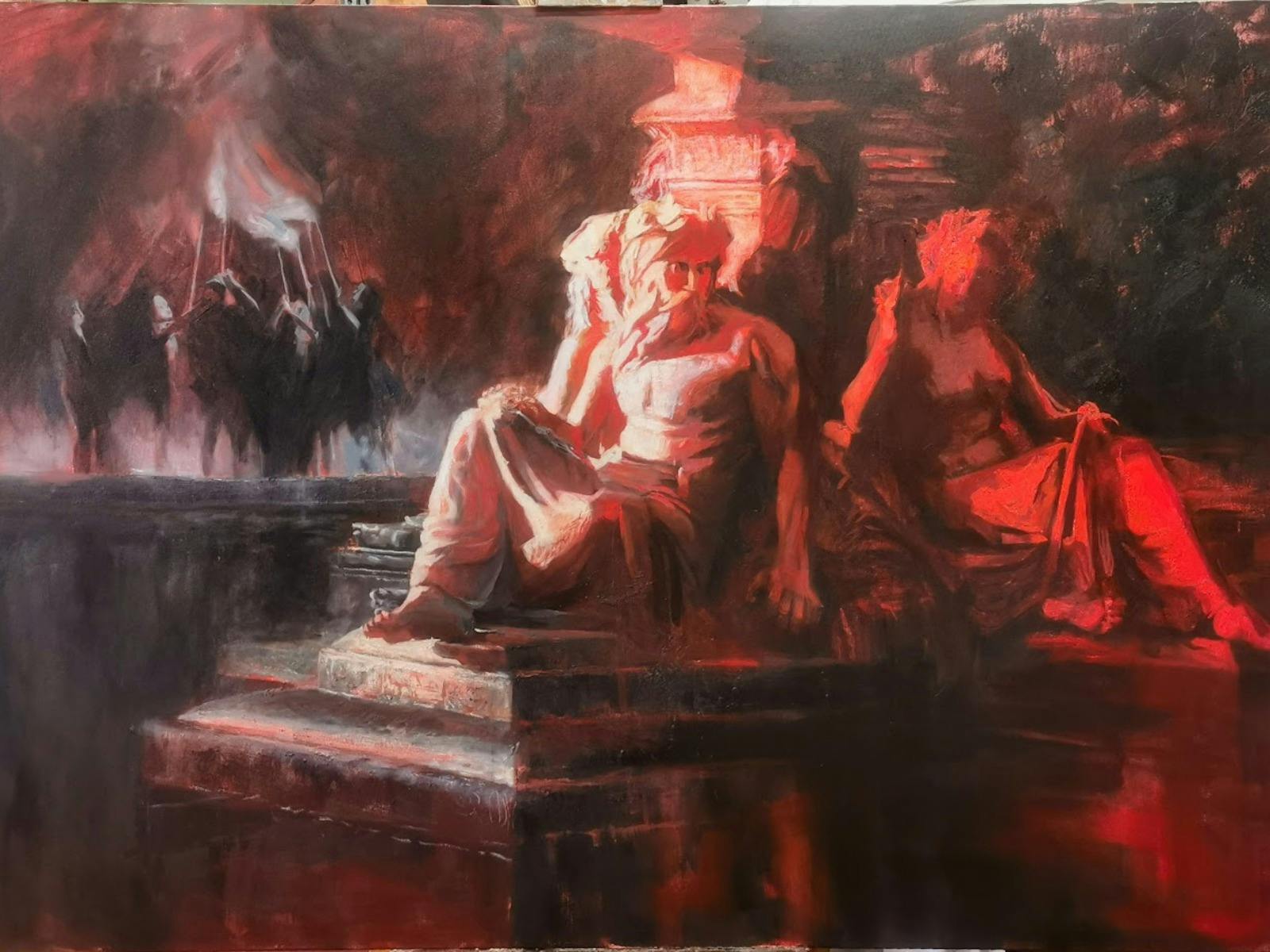 Large realist painting depicting figures seated on stone steps, rendered in dramatic tones.