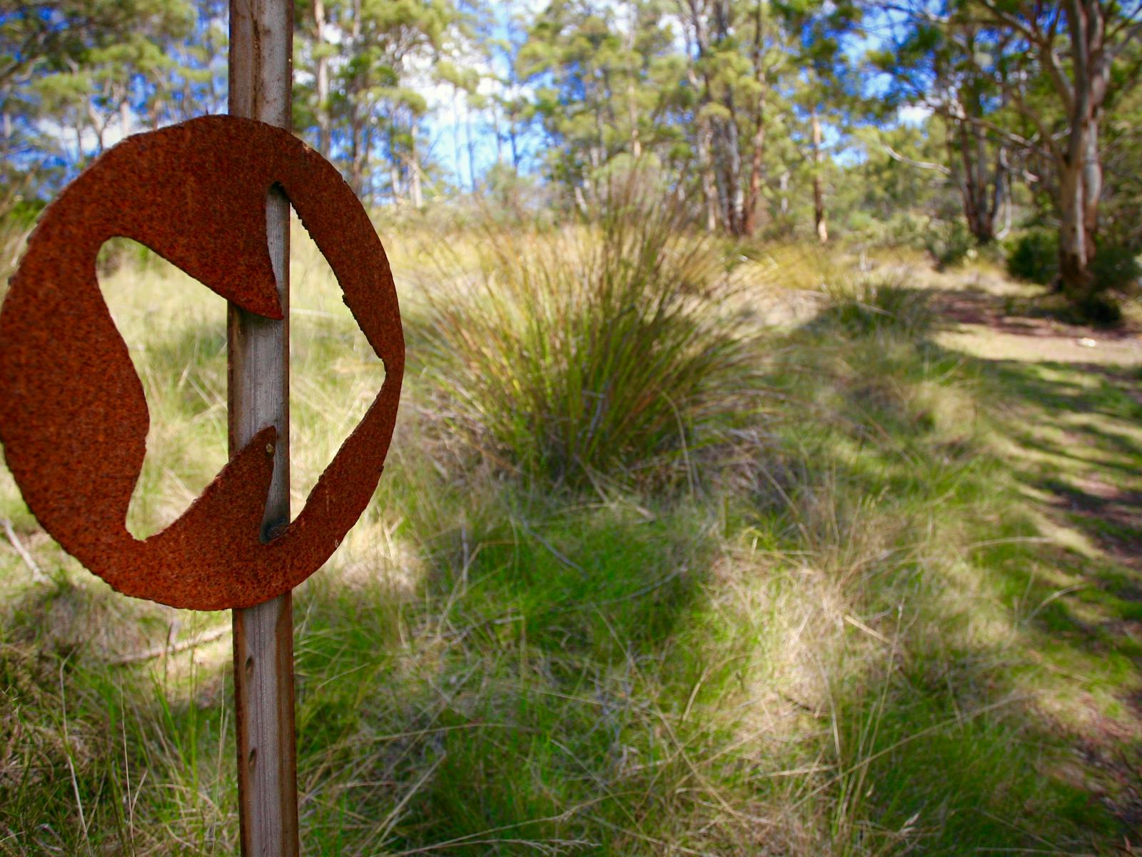 Arrow showing the trail at Art Farm Birchs Bay