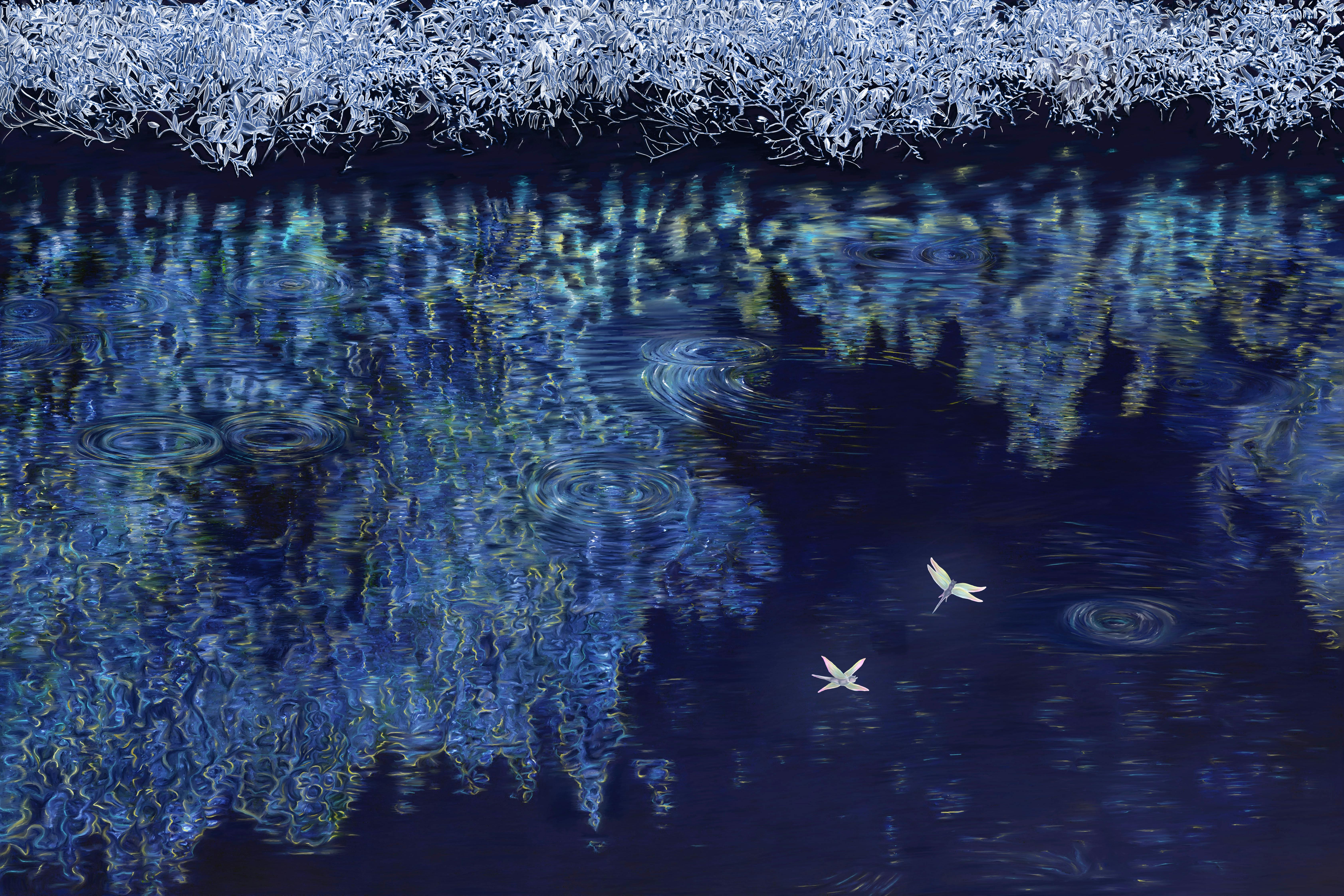 An illustrated scene in blues of fireflies dancing over reflections in water