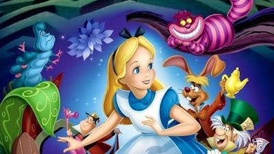 Animation of young girl with blonder hair, blue dress and bow in her hair, surrounded by animals
