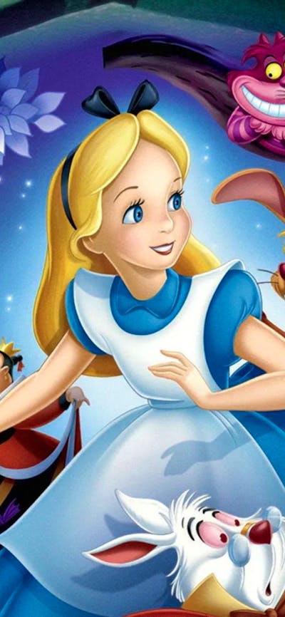 Animation of young girl with blonder hair, blue dress and bow in her hair, surrounded by animals