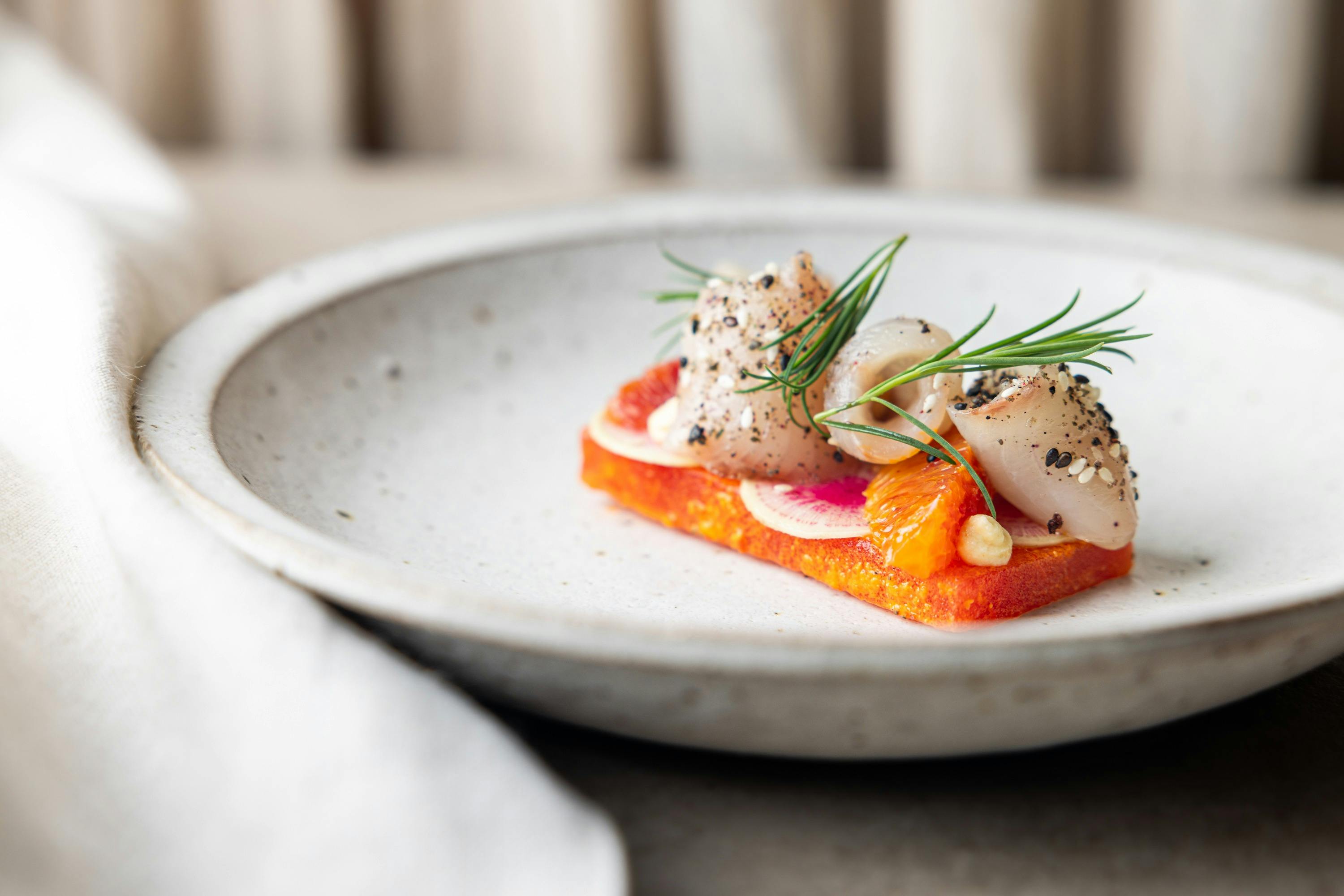 Cured Kingfish, Compressed Watermelon, Chilli Oil, Blood Orange, Radish, Creme Fraiche
