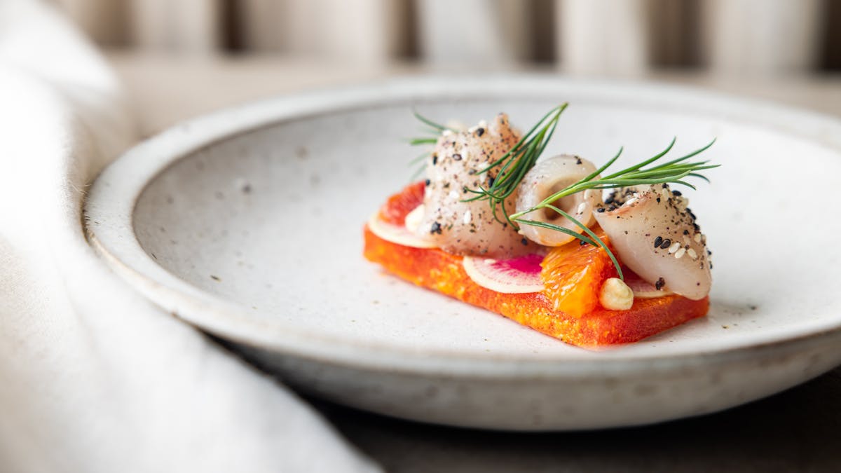 Cured Kingfish, Compressed Watermelon, Chilli Oil, Blood Orange, Radish, Creme Fraiche