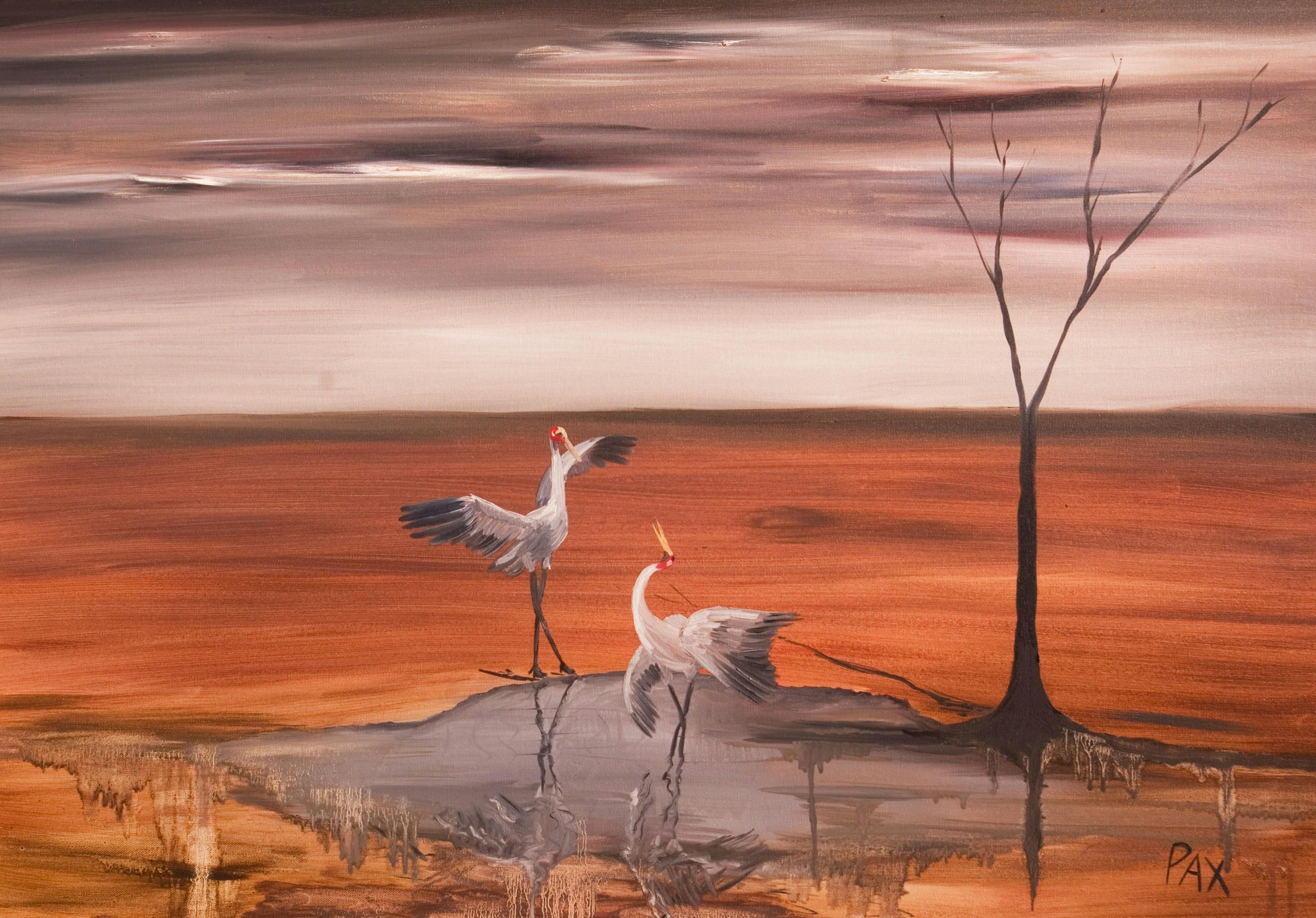 Painting of Brolgas at a waterhole dancing in the red earth
