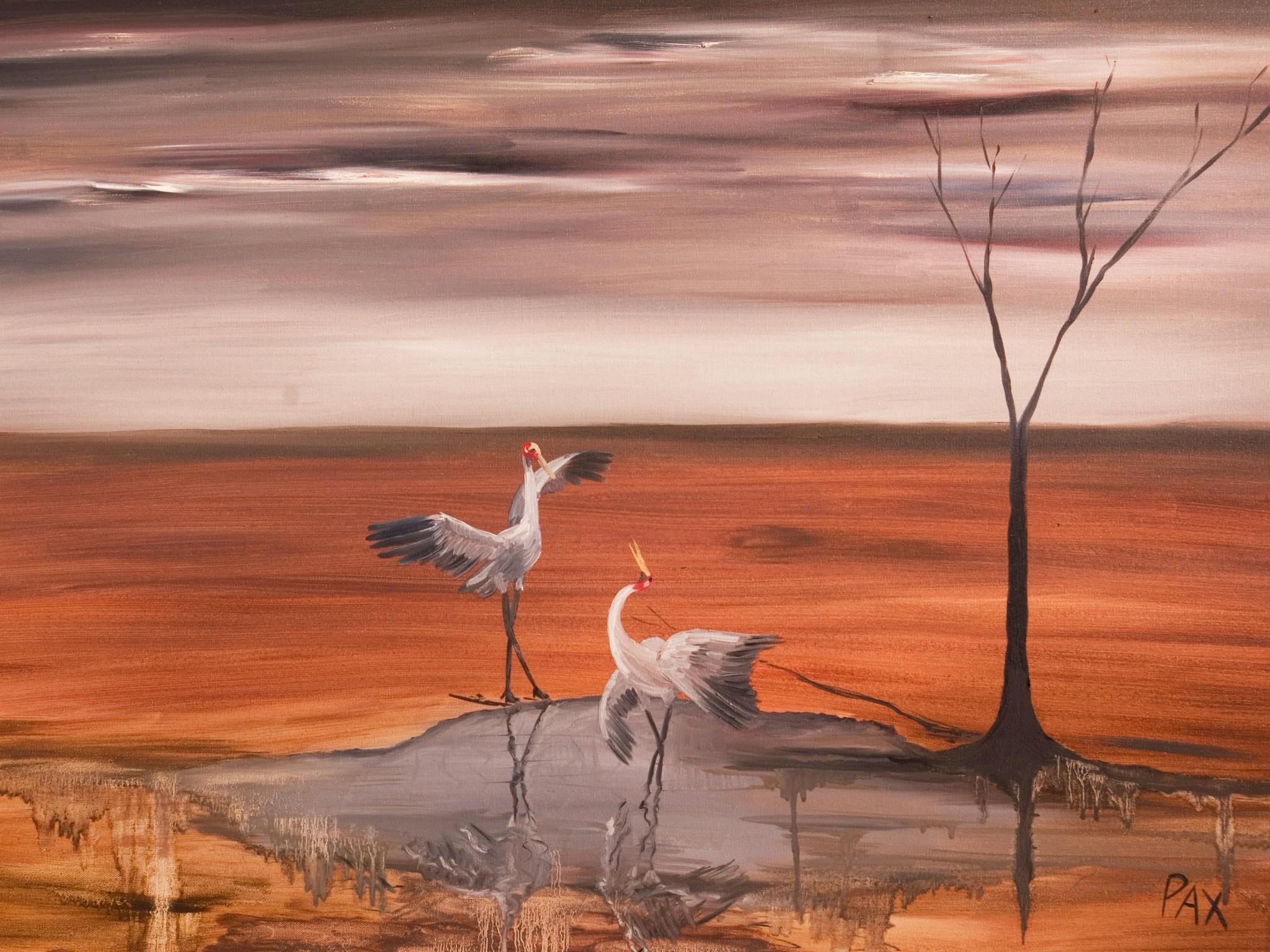 Painting of Brolgas at a waterhole dancing in the red earth